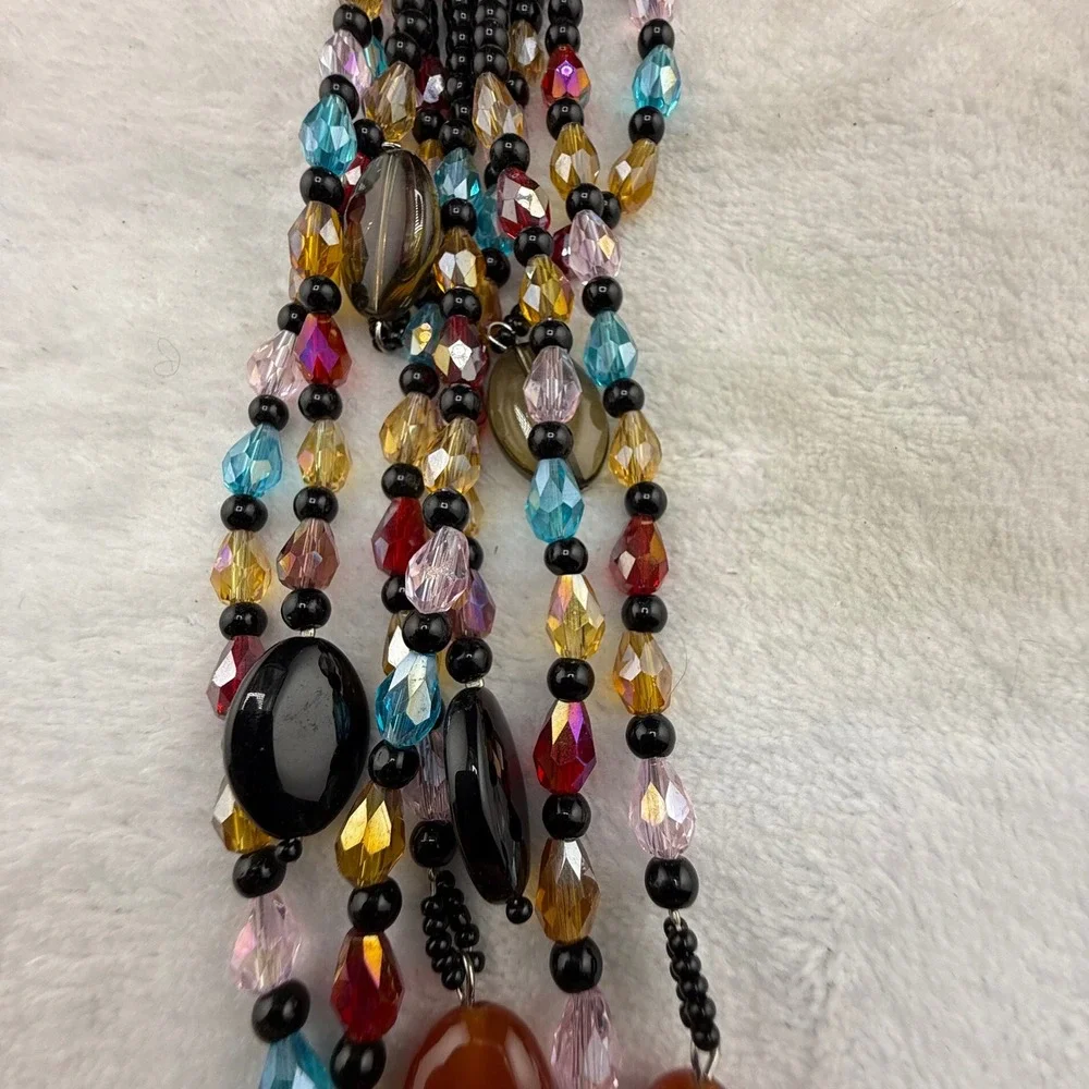 Joan Rivers Necklace Black Glass Floral Tassel Multi Strand 20